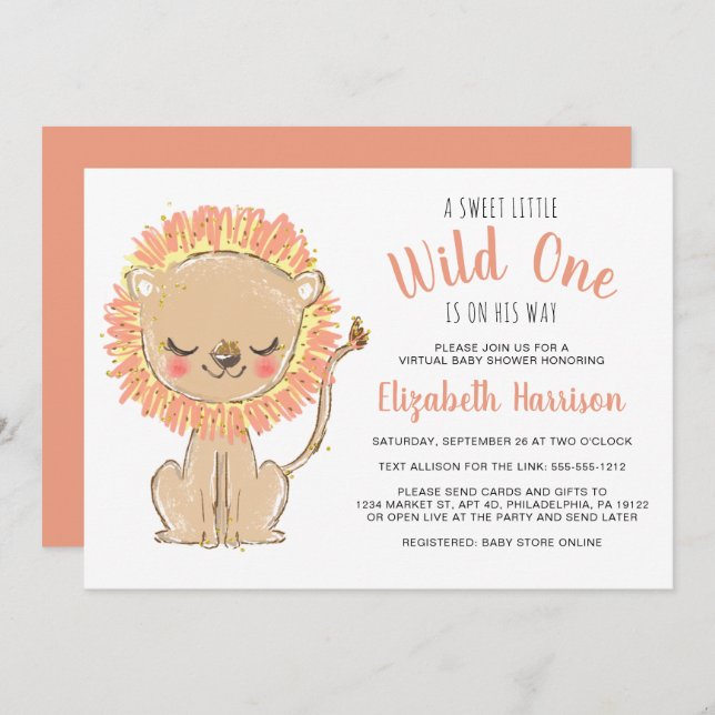 Invitación Baby Shower virtual de Boho Lion Terracotta (Anverso / Reverso)
