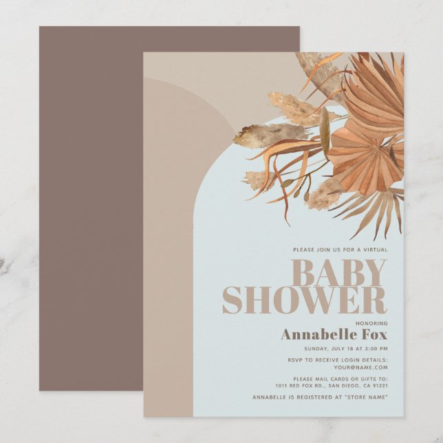 Invitación Baby Shower virtual de Boho Pampas Grass Blue (Anverso / Reverso)