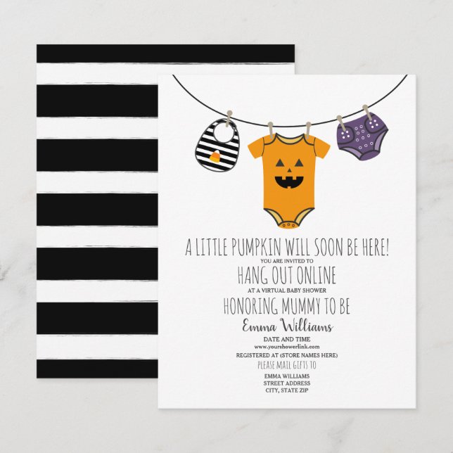Invitación Baby Shower virtual de calabaza de Halloween (Anverso / Reverso)