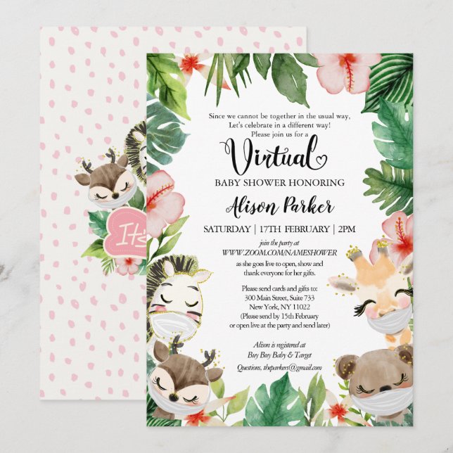 Invitación Baby Shower virtual de chica | Amigos Safari masca (Anverso / Reverso)