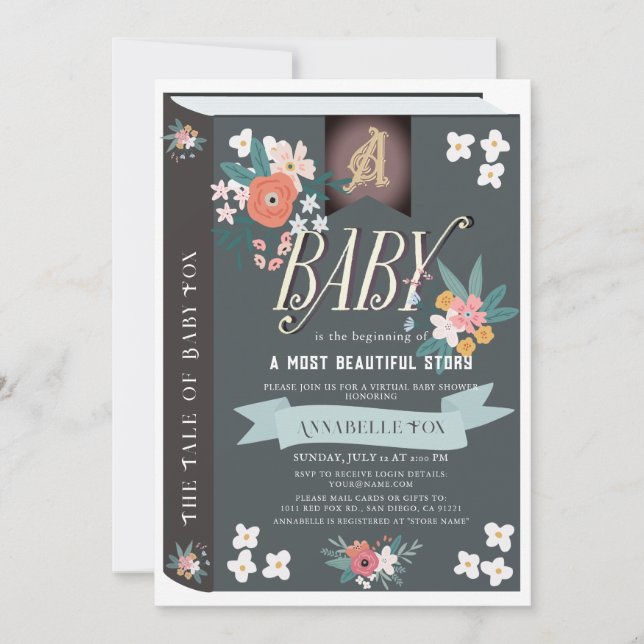 Invitación Baby Shower virtual de Chica floral de libros de h (Anverso)