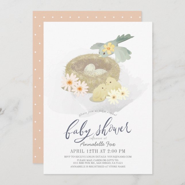 Invitación Baby Shower virtual de Chica floral de nido de páj (Anverso / Reverso)