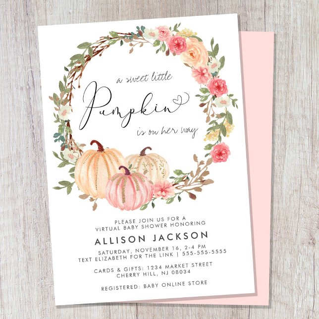 Invitación Baby Shower virtual de Chica floral rosa de calaba (Celebrate the upcoming arrival of your sweet autumn baby with a pumpkin-themed virtual baby shower)