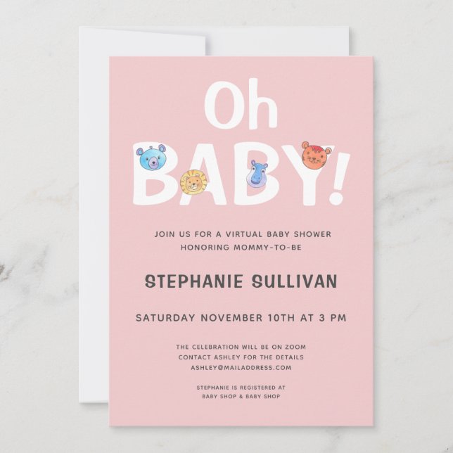 Invitación Baby Shower virtual de Chica rosa moderno Oh bebé (Anverso)