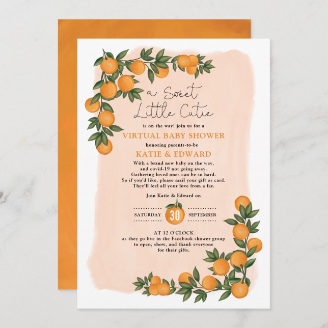 Invitación Baby Shower virtual de cítricos Naranja de verano  (Anverso / Reverso)