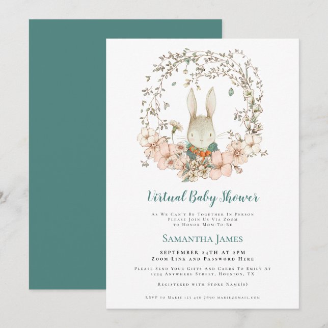 Invitación Baby Shower virtual de color turquesa de conejito  (Anverso / Reverso)