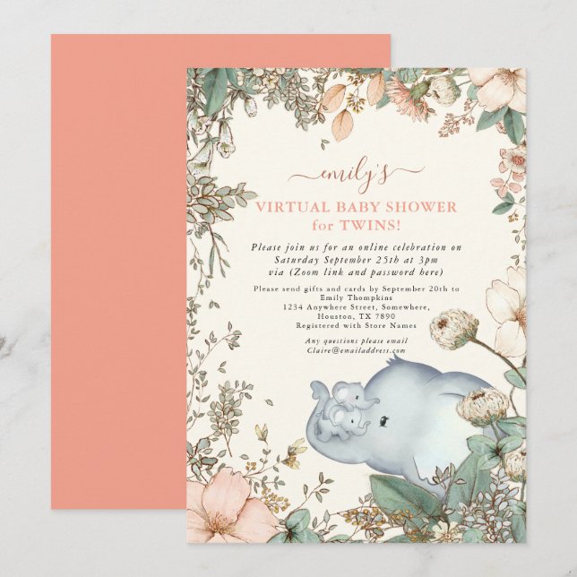 Invitación Baby Shower virtual de coral para elefantes gemelo (Anverso / Reverso)
