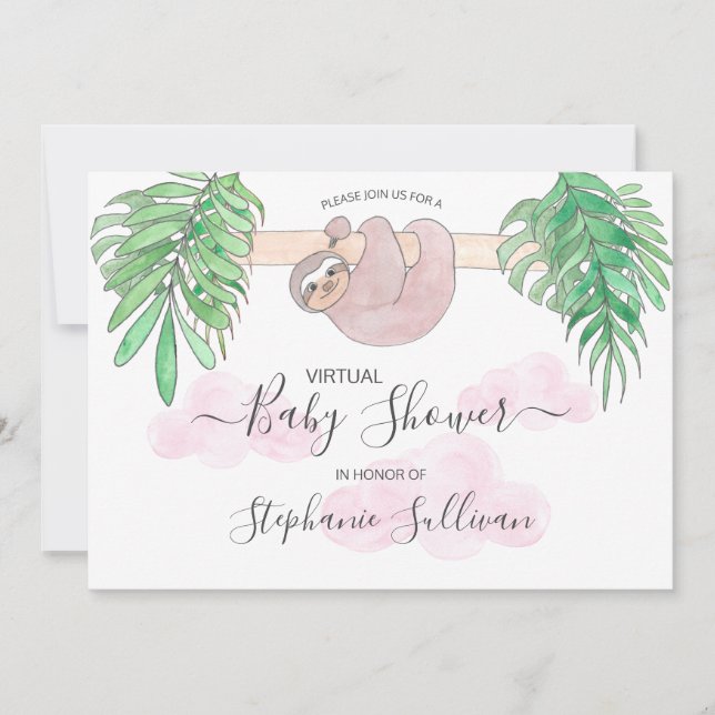 Invitación Baby Shower virtual de Cute Baby Girl Sloth (Anverso)