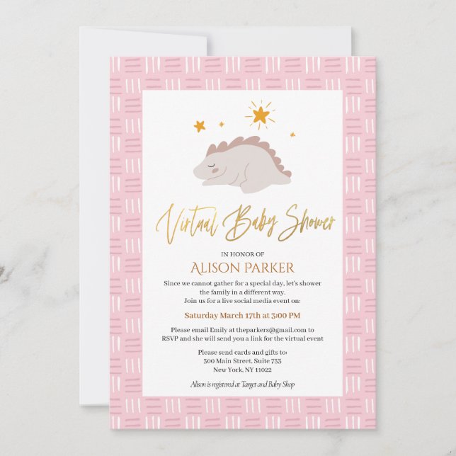 Invitación Baby Shower virtual de dinosaurios rosados (Anverso)