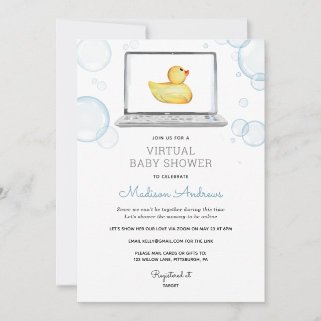 Invitación Baby Shower virtual de Duck de caucho (Anverso)