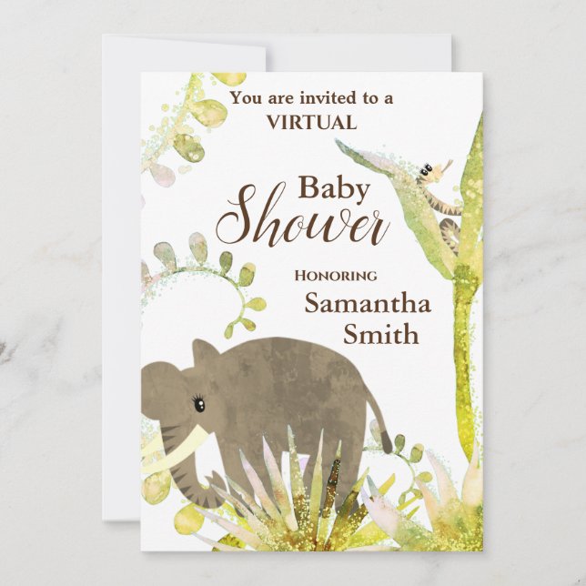 Invitación Baby Shower virtual de elefante cutáneo y arte flo (Anverso)
