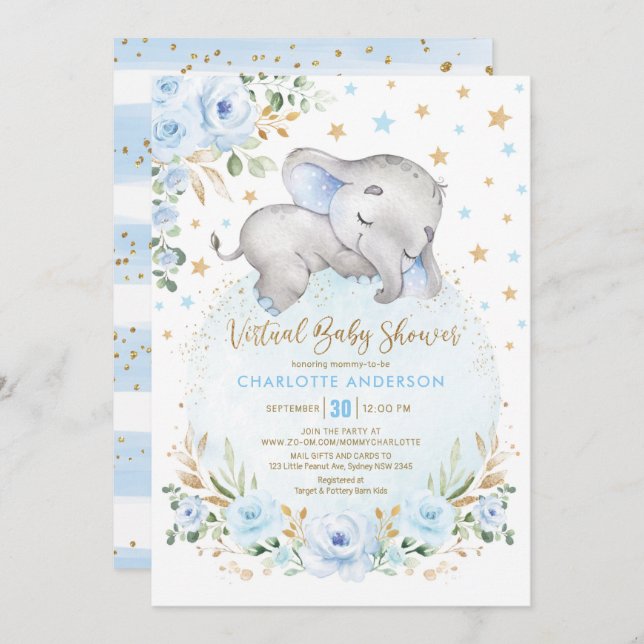 Invitación Baby Shower virtual de elefante floral de oro azul (Anverso / Reverso)