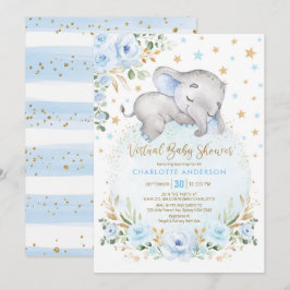Invitación Baby Shower virtual de elefante floral de oro azul