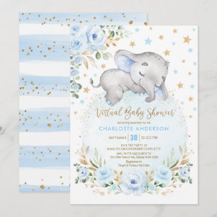 Invitación Baby Shower virtual de elefante floral de oro azul