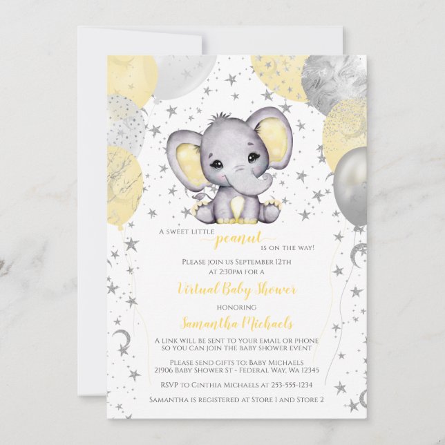 Invitación Baby Shower virtual de elefantes amarillos bonitos (Anverso)