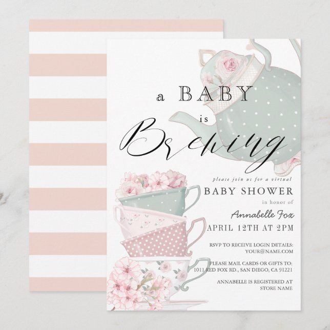 Invitación Baby Shower virtual de Fiesta de té rosado para be (Anverso / Reverso)