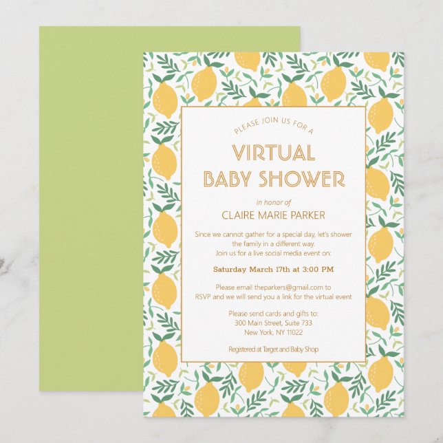 Invitación Baby Shower virtual de fioliage de cítricos limón (Anverso / Reverso)