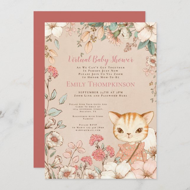 Invitación Baby Shower virtual de floraciones de gatos curas  (Anverso / Reverso)