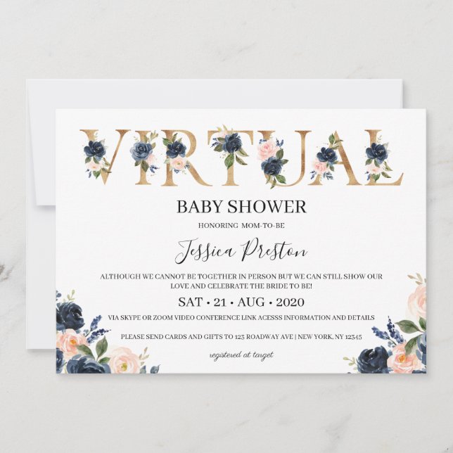 Invitación Baby Shower virtual de floral Rubor de la marina (Anverso)