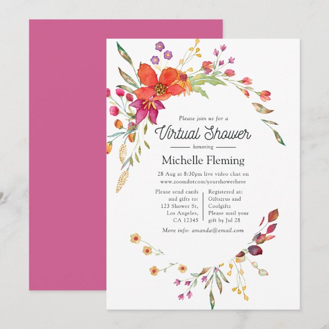 Invitación Baby Shower Virtual de Flores Silvestres de Primav (Anverso / Reverso)