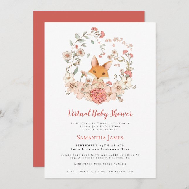 Invitación Baby Shower virtual de follaje de corales de Fox V (Anverso / Reverso)