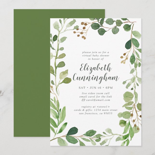 Invitación Baby Shower virtual de follaje de vegetación de co (Anverso / Reverso)