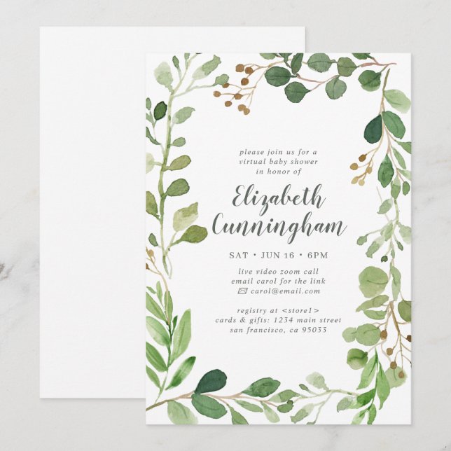 Invitación Baby Shower virtual de follaje de vegetación de co (Anverso / Reverso)