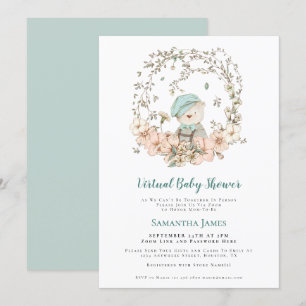 Invitación Baby Shower virtual de follaje de vintage de oso l
