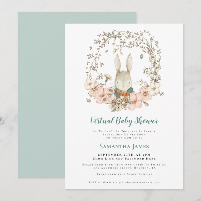 Invitación Baby Shower virtual de follaje virtual de Bunny Vi (Anverso / Reverso)
