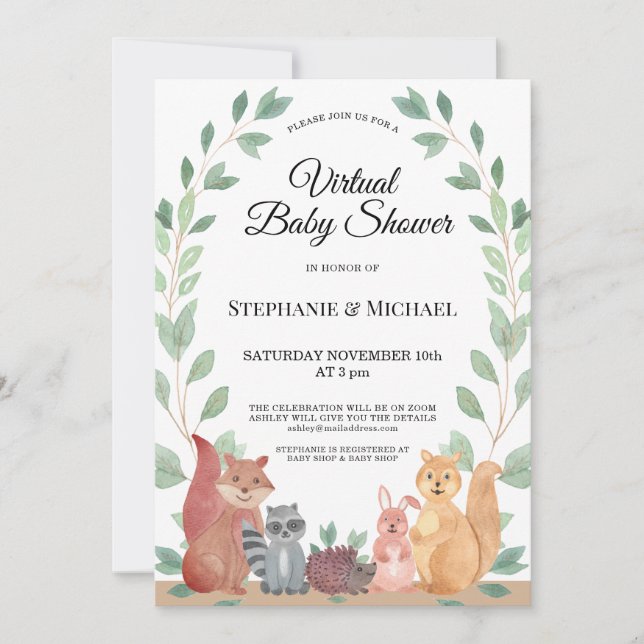 Invitación Baby Shower virtual de Forest Friends Woodland (Anverso)
