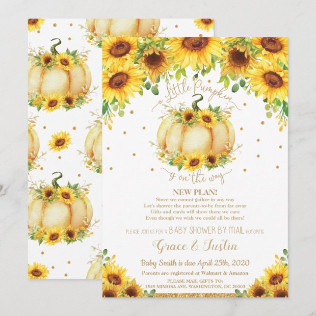 Invitación Baby Shower virtual de girasol de calabaza por cor (Anverso / Reverso)