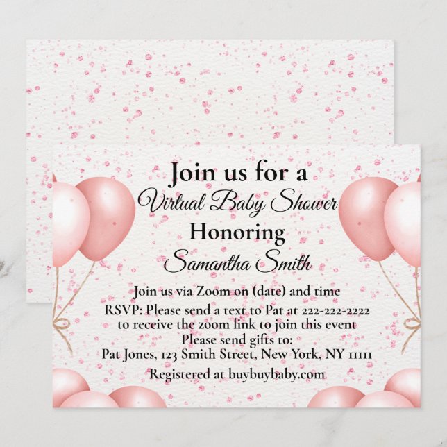 Invitación Baby Shower virtual de globos rosados (Anverso / Reverso)