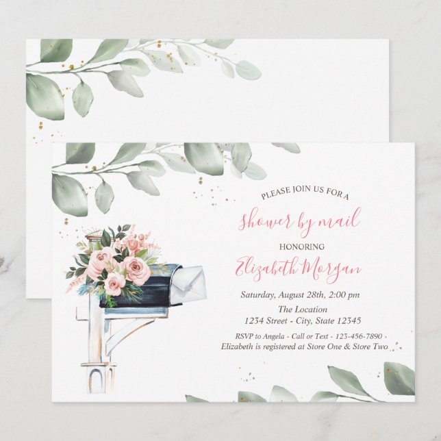 Invitación Baby Shower virtual de hoja de árbol de buzón azul (Anverso / Reverso)