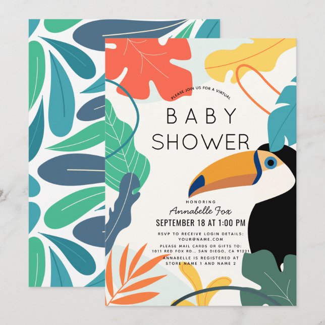 Invitación Baby Shower virtual de hoja tropical táctil (Anverso / Reverso)