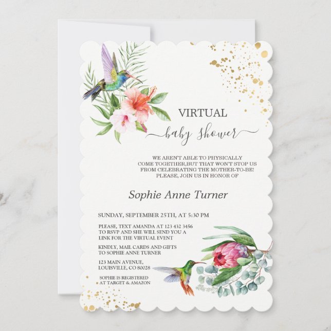 Invitación Baby Shower virtual de Hummingbird Floral Exótica (Anverso)