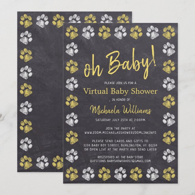 Invitación Baby Shower virtual de impresión de papel amarillo (Anverso / Reverso)
