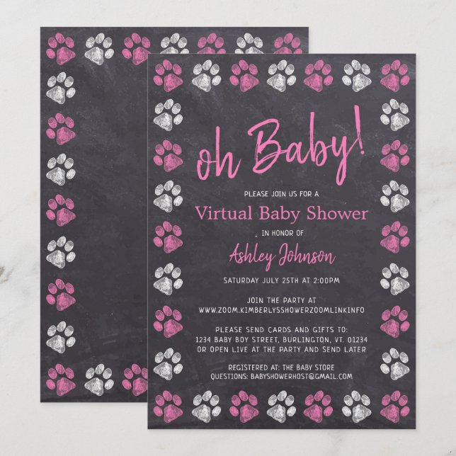 Invitación Baby Shower virtual de impresión de papel de Chica (Anverso / Reverso)