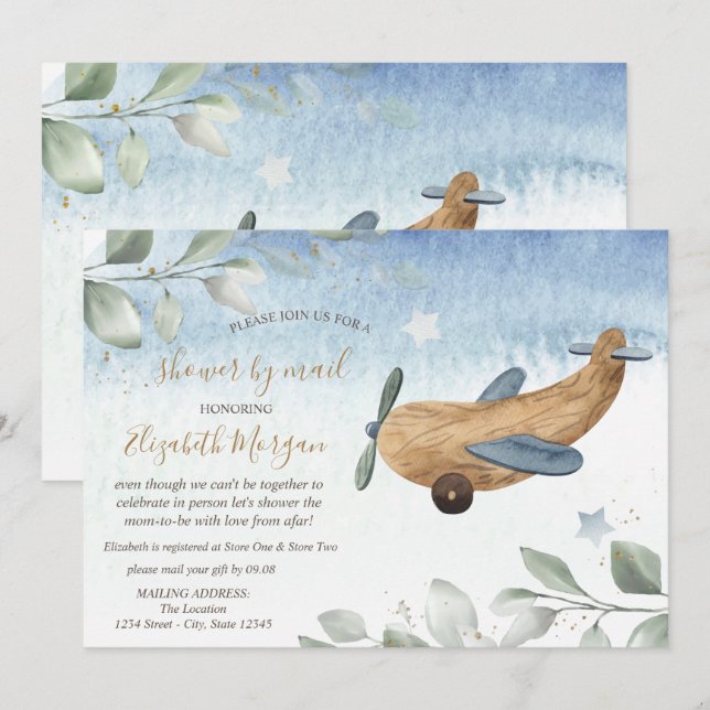 Invitación Baby Shower virtual de juguetes de avión por corre (Anverso / Reverso)