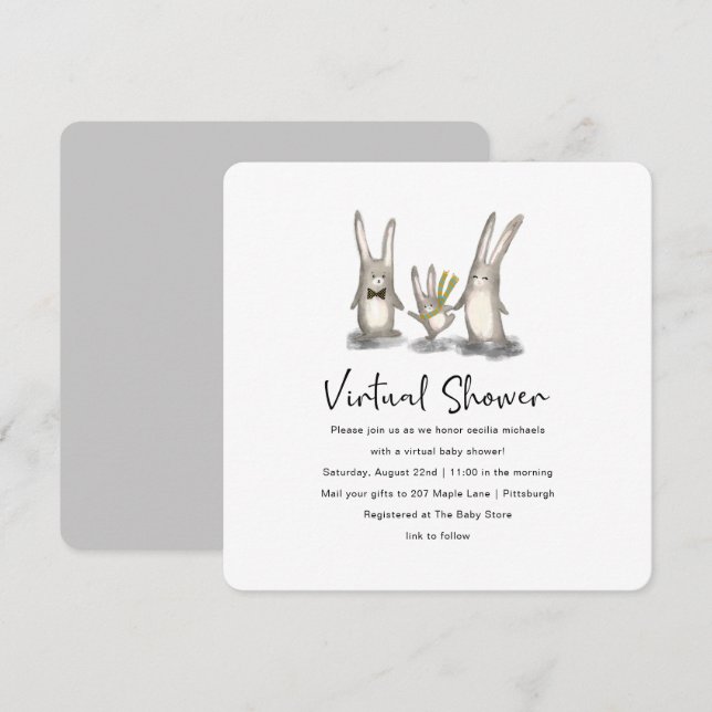 Invitación Baby Shower virtual de la familia de conejitos (Anverso / Reverso)