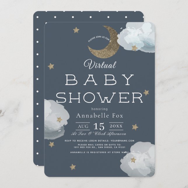 Invitación Baby Shower virtual de la marina de la Luna, Estre (Anverso / Reverso)