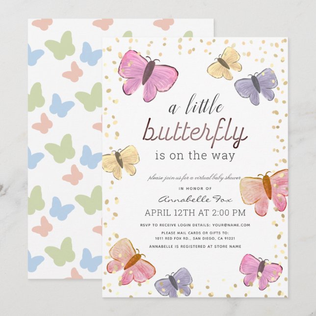 Invitación Baby Shower virtual de la mariposa pequeña (Anverso / Reverso)