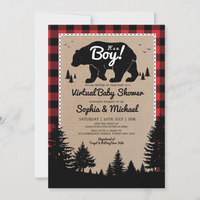 Invitación Baby Shower virtual de larga distancia de Lumberja (Anverso)
