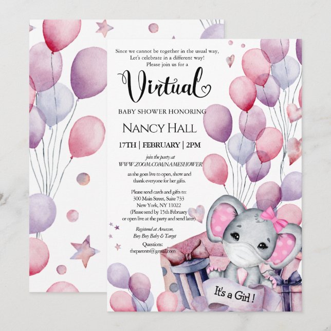 Invitación Baby Shower virtual de los globos rosados elefante (Anverso / Reverso)