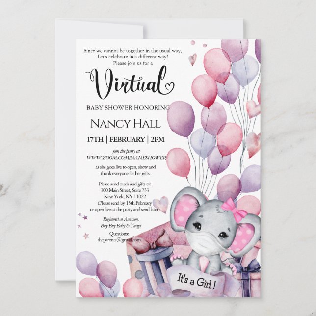 Invitación Baby Shower virtual de los globos rosados elefante (Anverso)