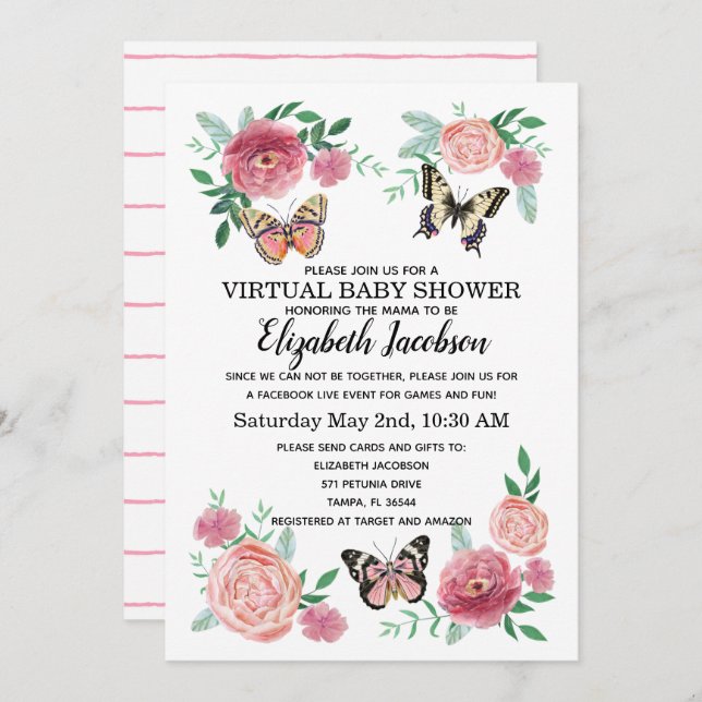 Invitación Baby Shower virtual de mariposa (Anverso / Reverso)