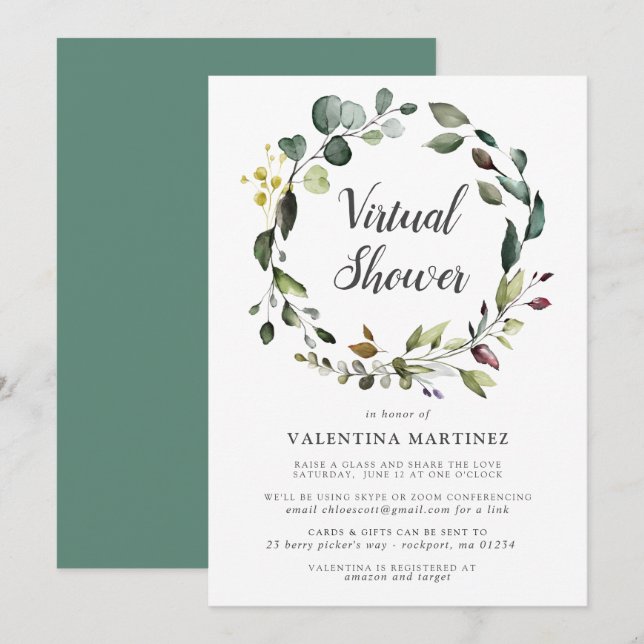 Invitación Baby Shower virtual de novia de Eucalyptus Wreath (Anverso / Reverso)