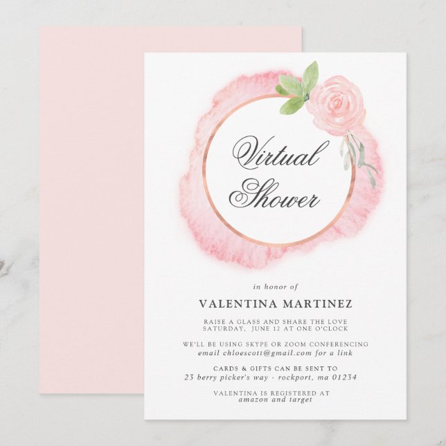 Invitación Baby Shower virtual de novia rosa de Rose Wreath (Anverso / Reverso)