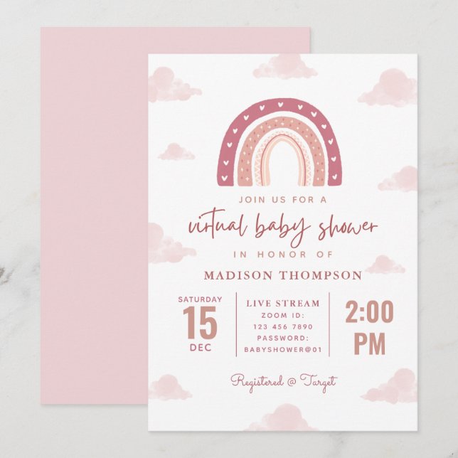 Invitación Baby Shower virtual de nubes de arcoiris rosadas p (Anverso / Reverso)
