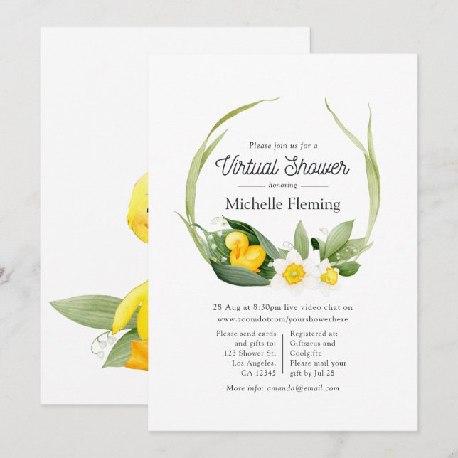Invitación Baby Shower Virtual de Patito de Primavera (Anverso / Reverso)
