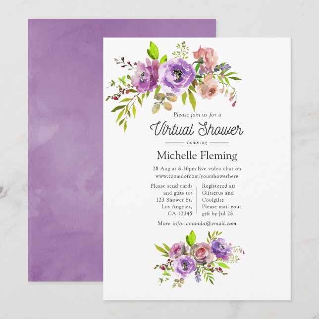Invitación Baby Shower virtual de primavera floral de acuarel (Anverso / Reverso)